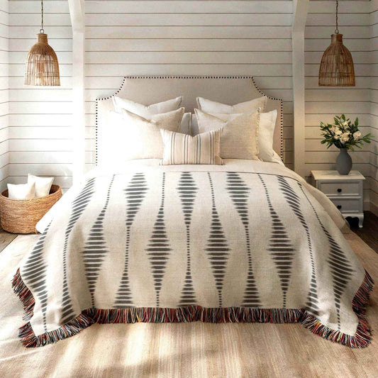 Modern Geometric woven blanket with geometric pattern styled for layered home decor
