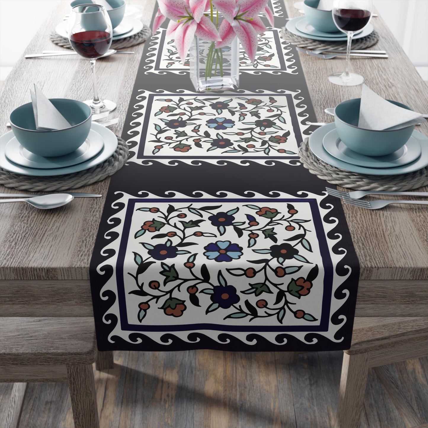 Armenian Iznik Table Runner – Handmade Floral Boho Table Decor Accent