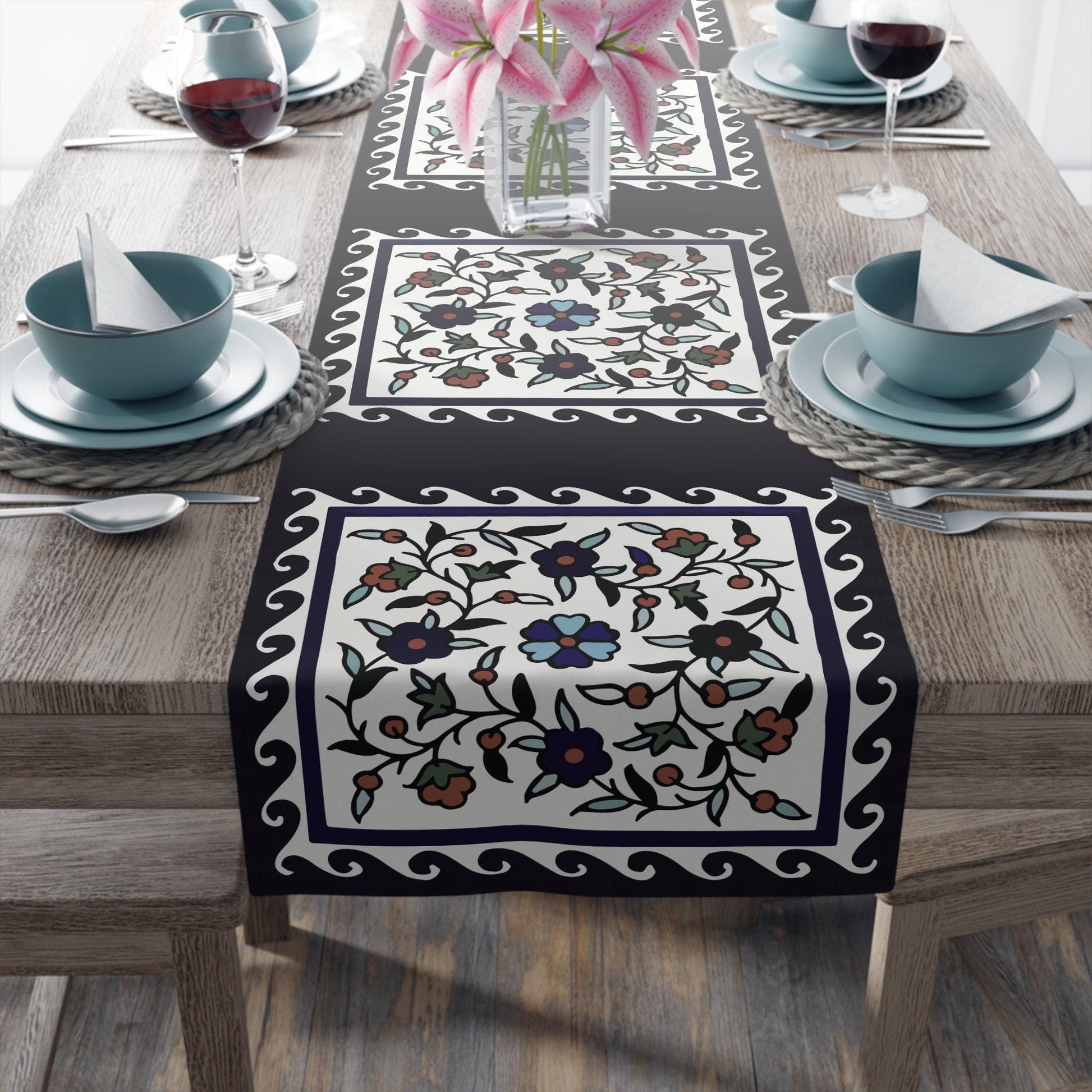 Armenian Iznik Table Runner – Handmade Floral Boho Table Decor Accent