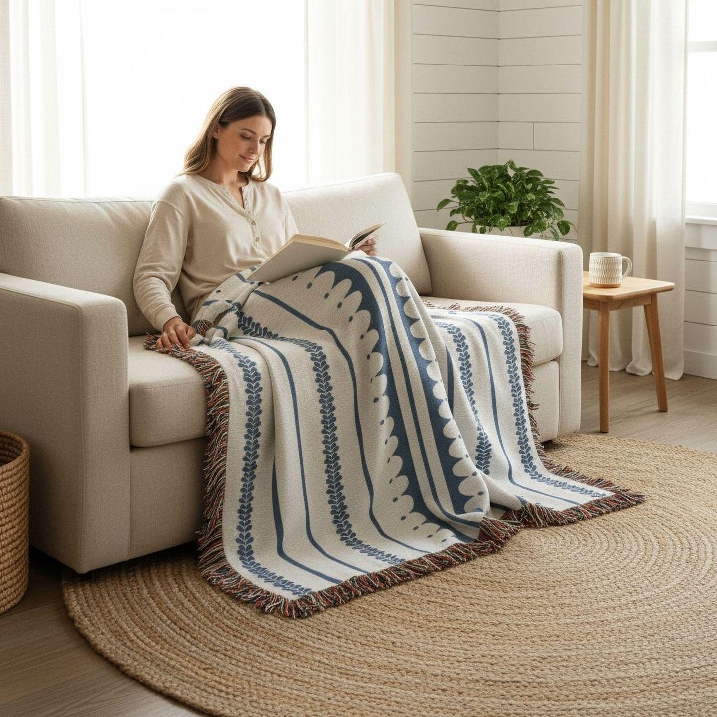 Modern Geometric woven blanket with geometric pattern styled for layered home decor