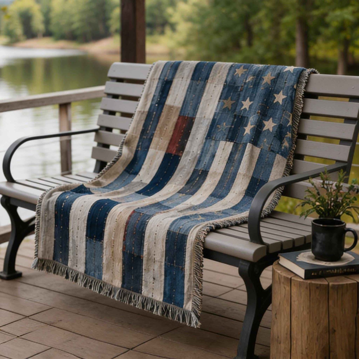 Southwestern outdoor woven throw blanket with geometric pattern for patio styling