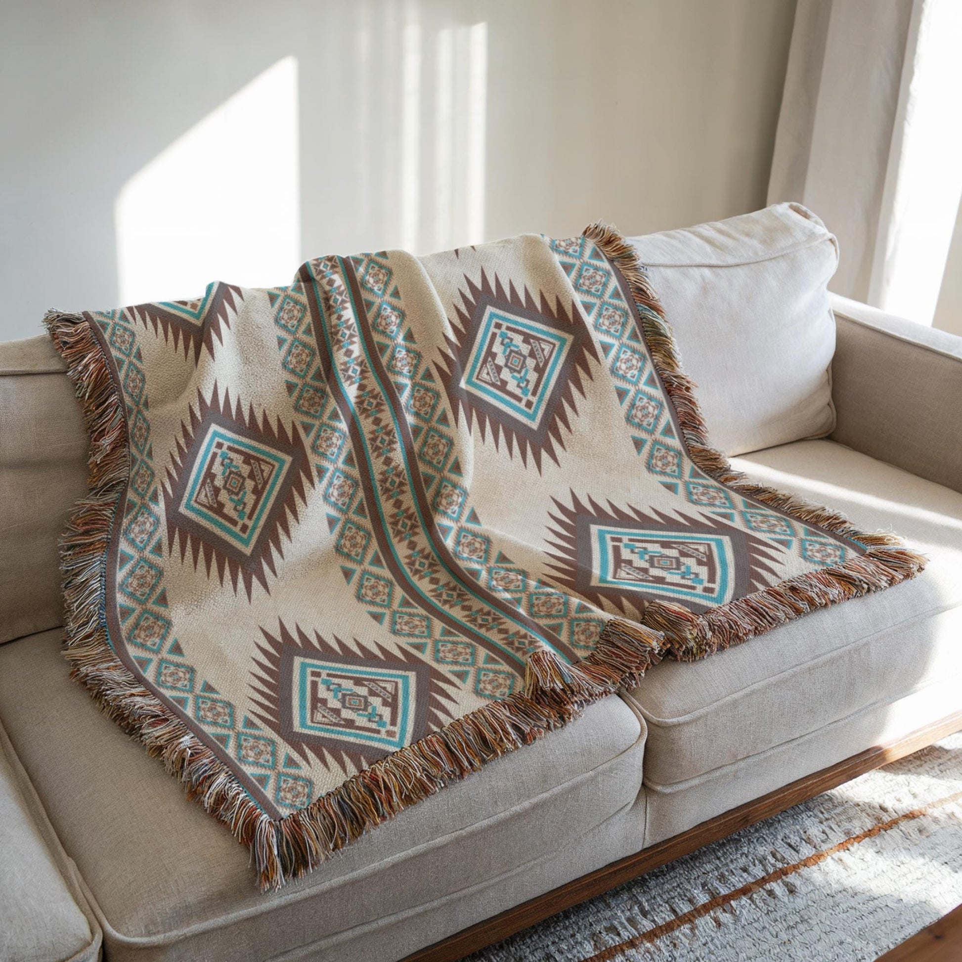 a beige couch with a decorative throw blanket on it. The blanket has a geometric pattern in shades of brown and blue, and it is placed on the right side of the couch. The couch is positioned against a white wall, and there is a window nearby.