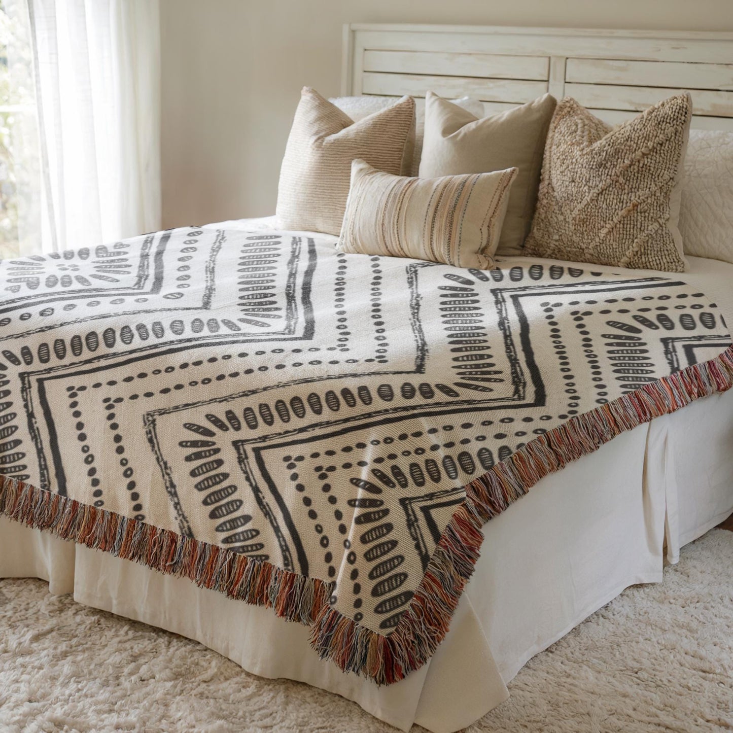 Modern Geometric pillow cover with geometric pattern styled on a sofa or bed