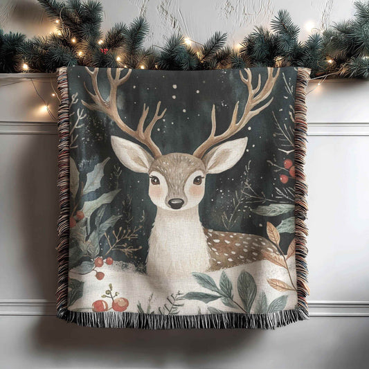 Christmas Tapestry Wall Hanging – Festive Woodland Animal Textile Art with Bambi and Holly - timelessbohochic.com
