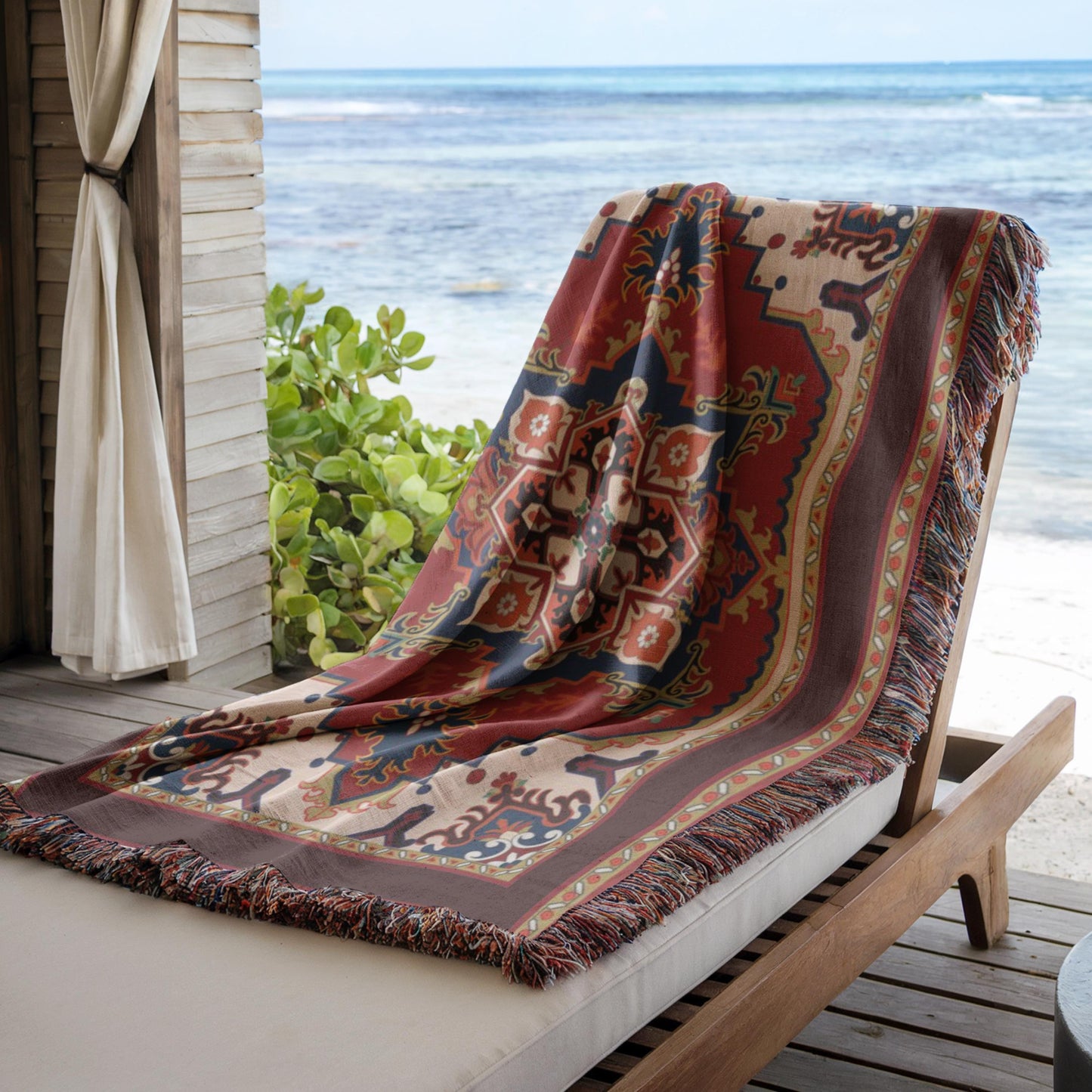 Anatolian Inspired woven wall tapestry with rug-style pattern styled as textile wall decor