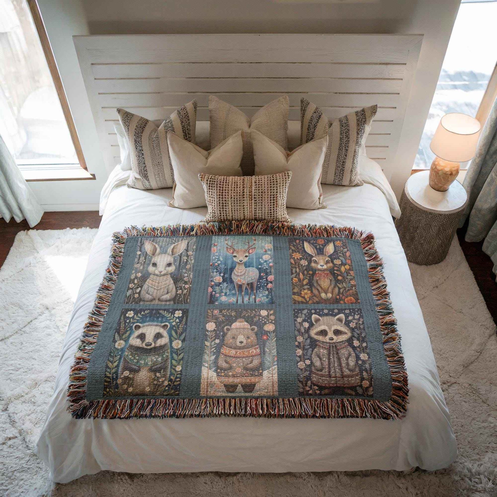 Cotton Woven Blanket – Woodland Animal Throw | Soft Scandi Forest Quilt - timelessbohochic.com