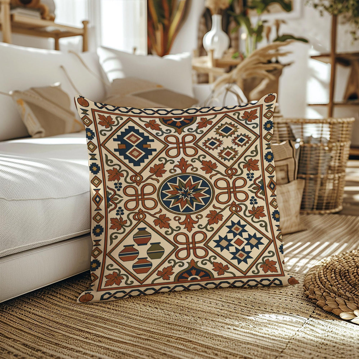 Rust, teal and cream woven pillow beside a light sofa, with geometric diamonds, medallions and a kilim-style border