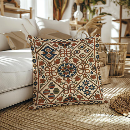 Rust, teal and cream woven pillow beside a light sofa, with geometric diamonds, medallions and a kilim-style border