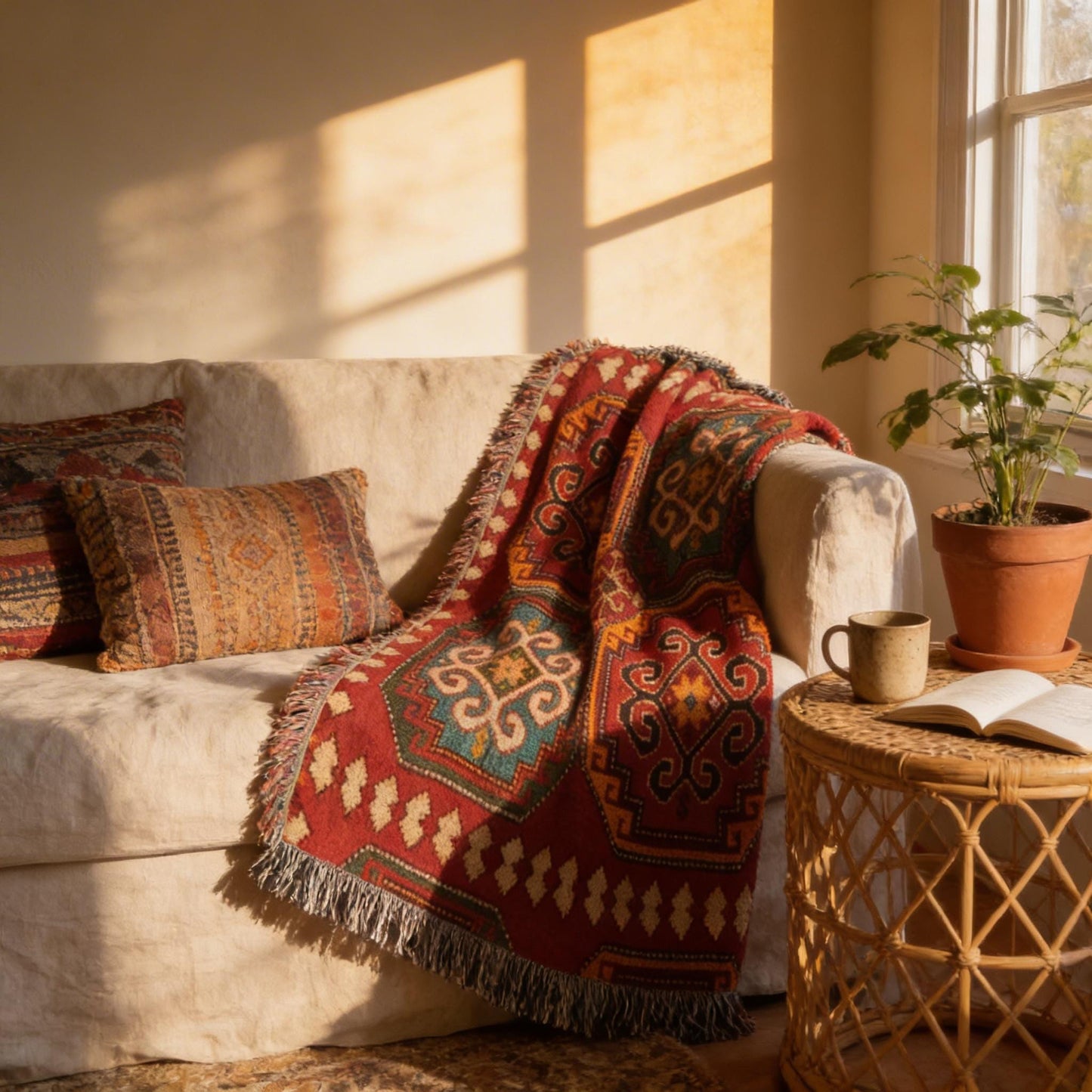 Moroccan Inspired woven blanket with woven pattern styled for layered home decor