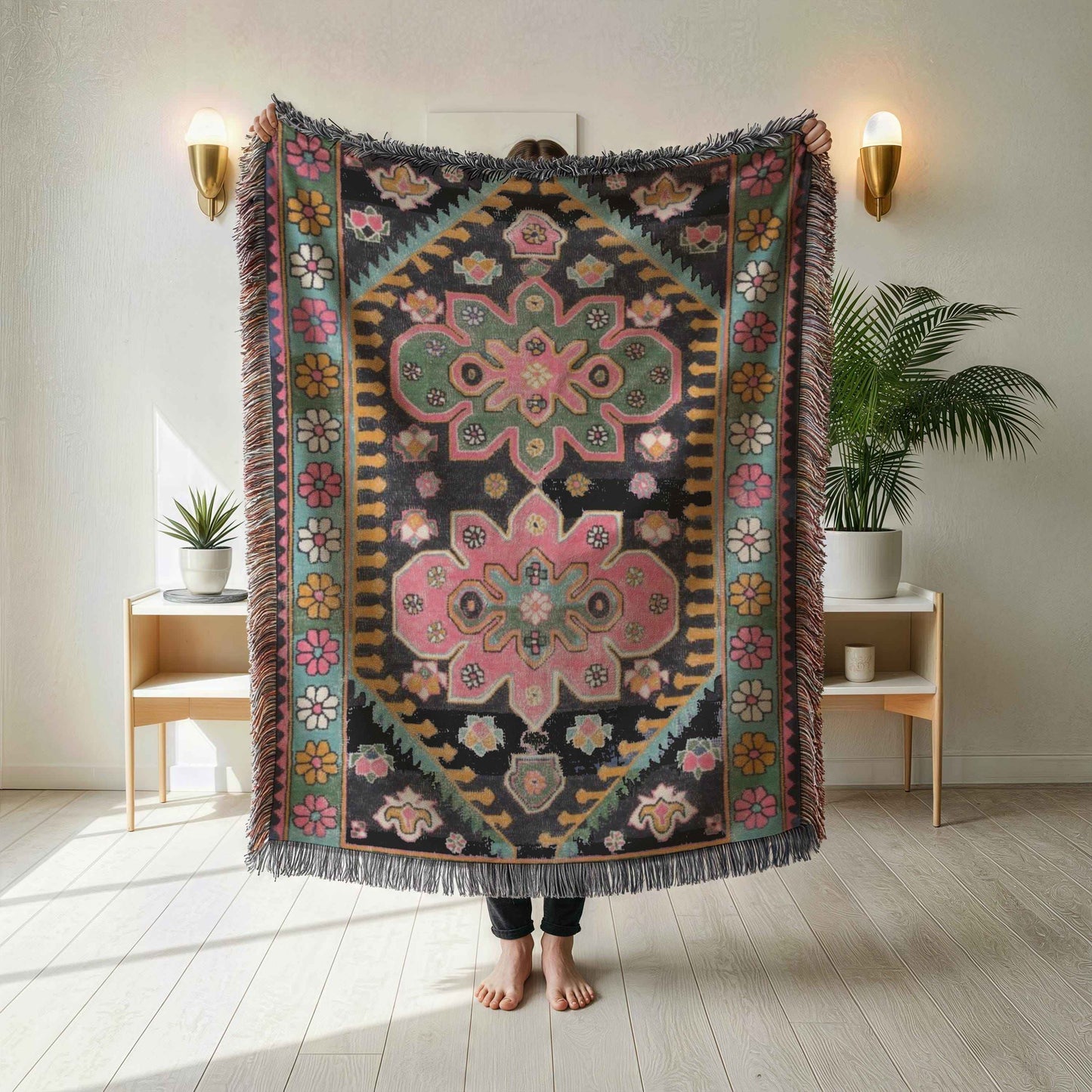 Caucasian Rug Inspired woven blanket with geometric pattern styled for layered home decor