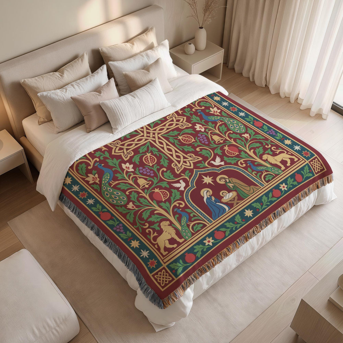 a bedroom with a large bed covered in a colorful, intricately designed blanket featuring a Christmas tree and various holiday-themed elements.