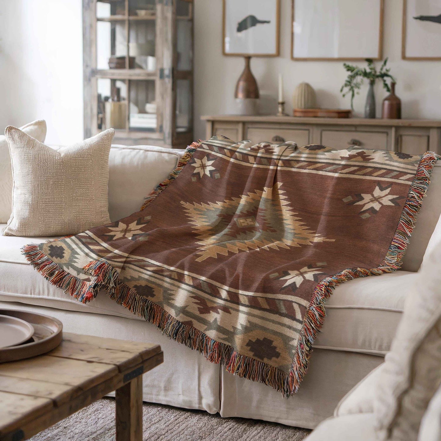 Southwestern woven blanket with geometric pattern styled for layered home decor