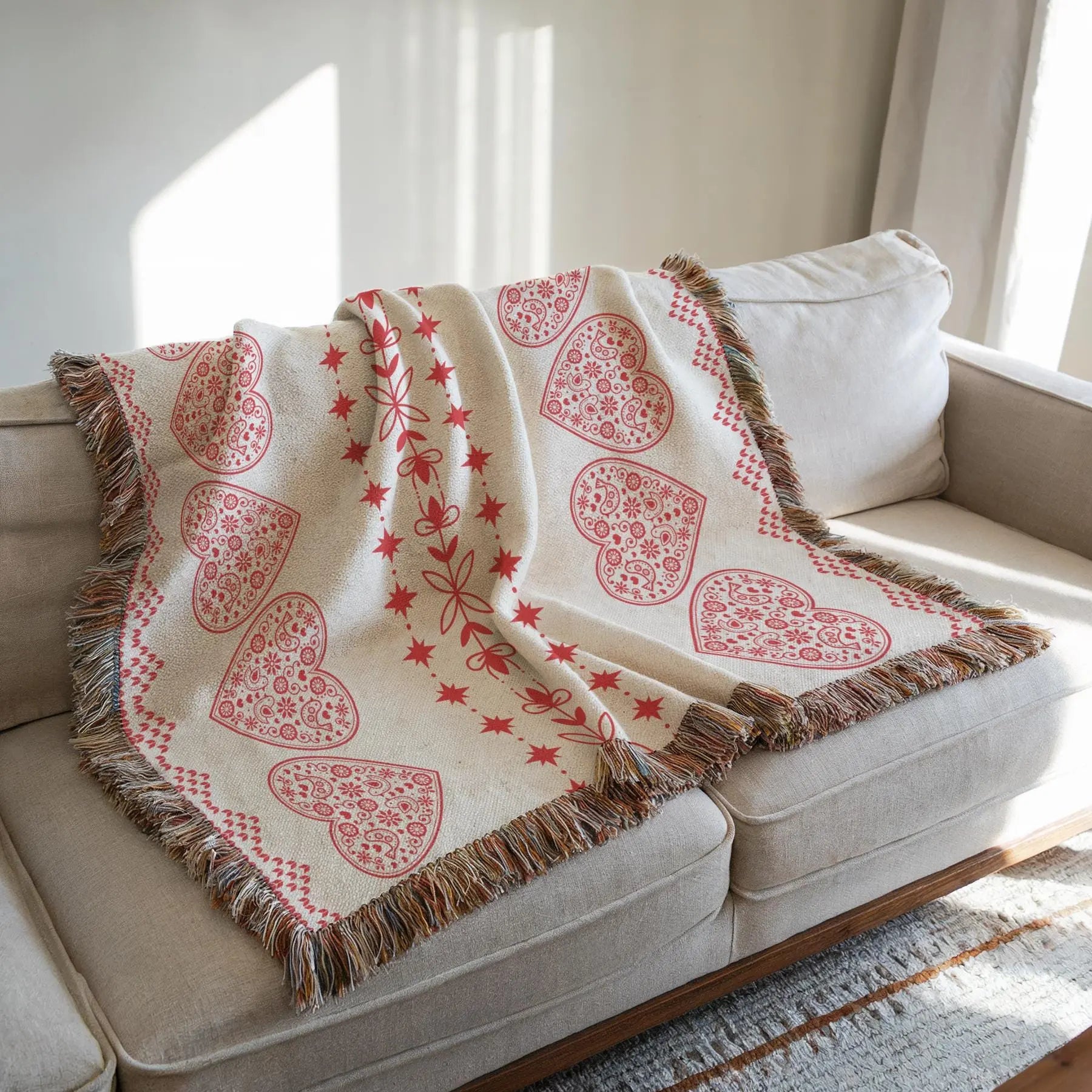 Scandi Heart Blanket – Woven Cotton Throw with Red Hearts | Cozy Nordic Gift