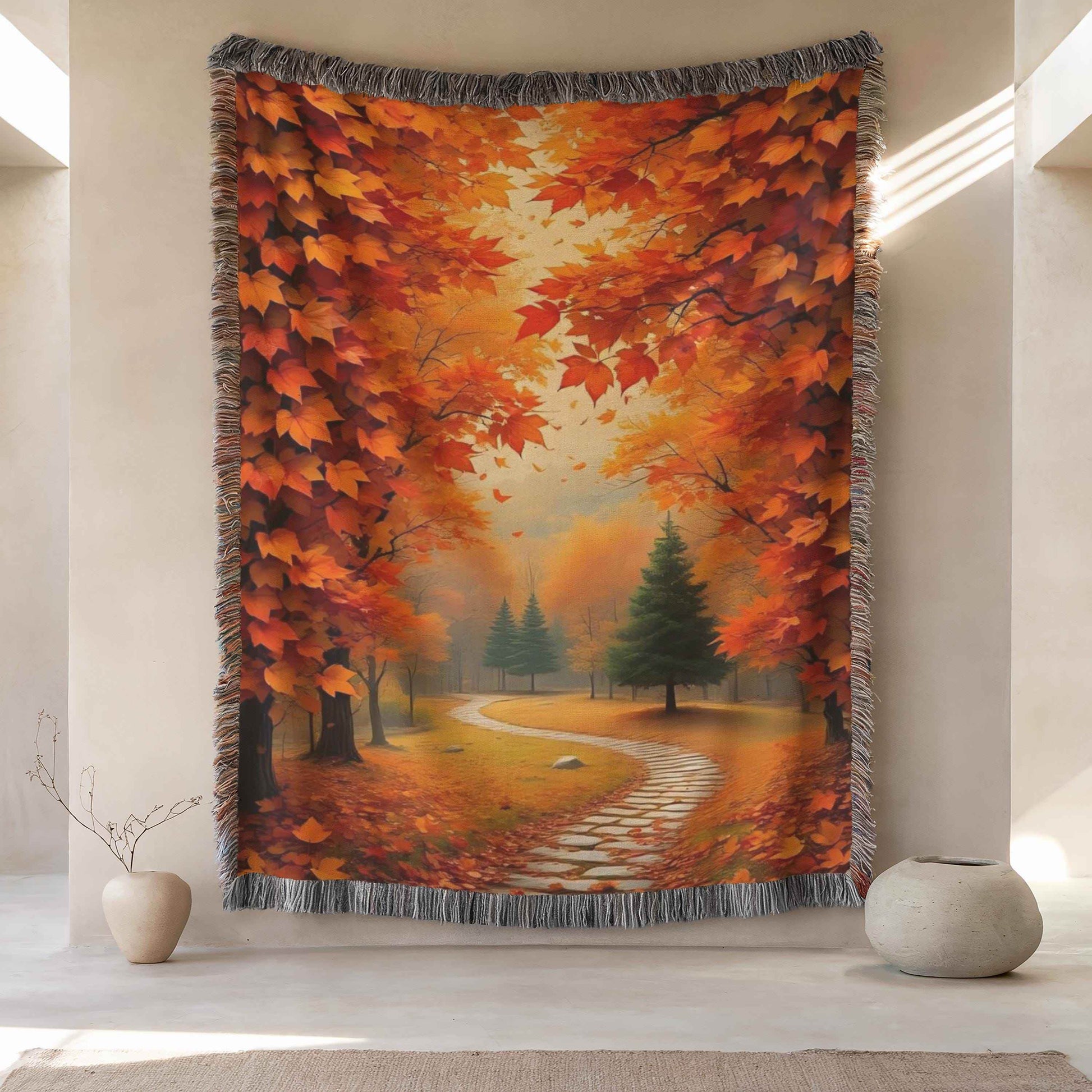 Cotton Throw Blanket – Cozy Fall Blanket with Autumn Leaves Pattern & Fringed Edges - timelessbohochic.com