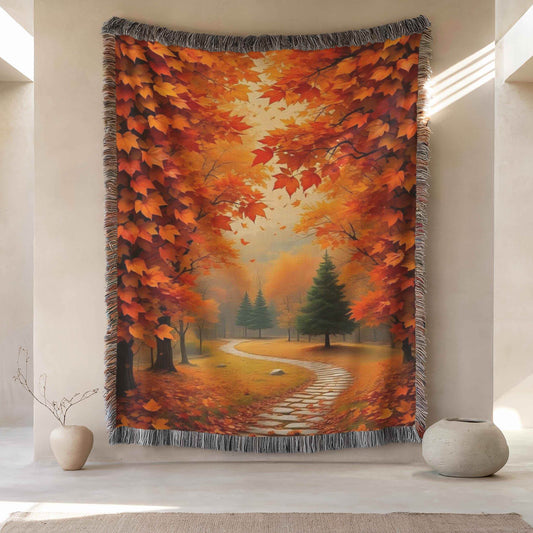 Cotton Throw Blanket – Cozy Fall Blanket with Autumn Leaves Pattern & Fringed Edges - timelessbohochic.com