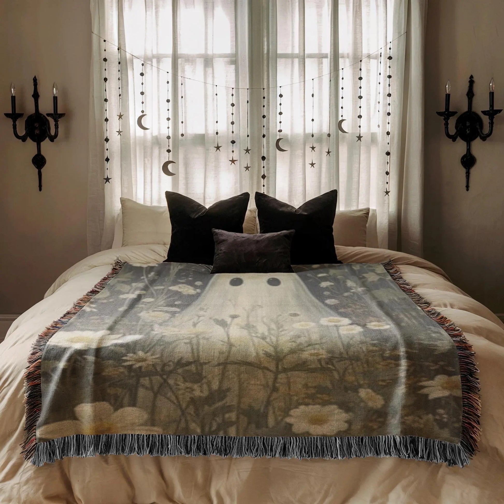 Halloween Woven Blanket - Cozy Throw With Cute Ghost Design & Floral Wildflowers