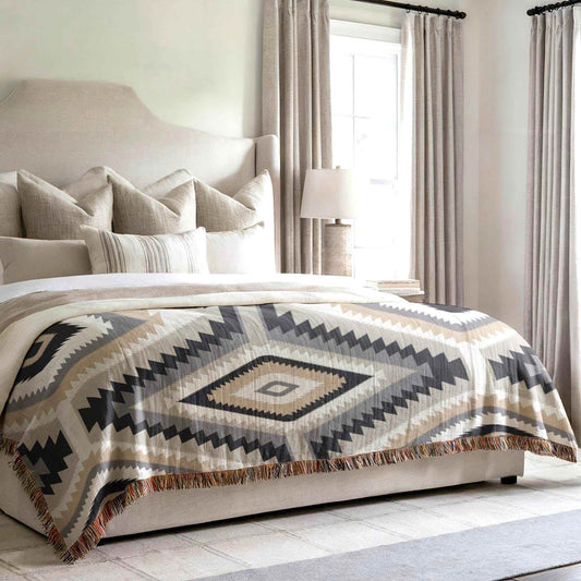 Boho Cotton Throw Blanket - Southwestern Tribal Pattern, Fringed Edge, Soft Durable Cotton - timelessbohochic.com