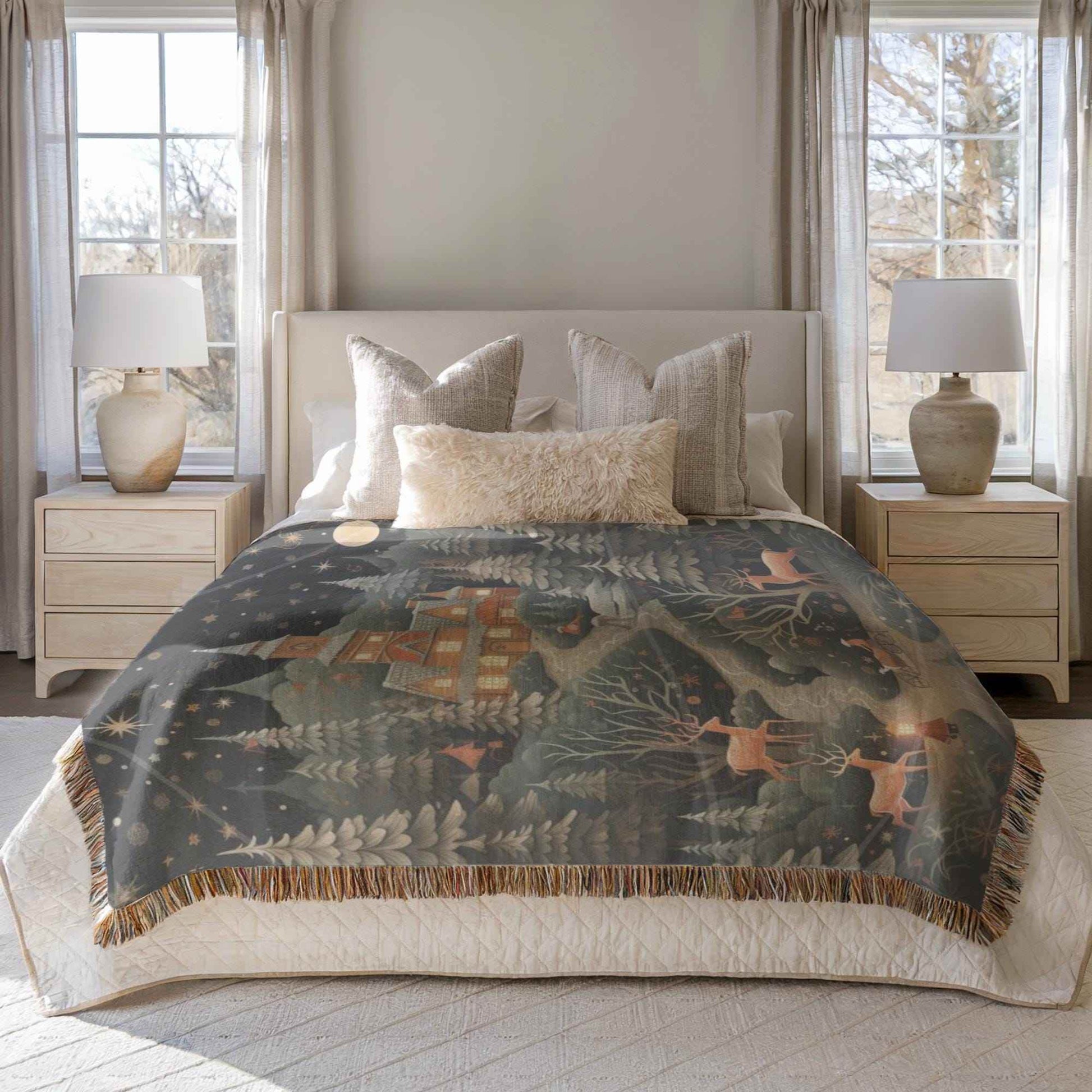 Christmas Bedroom Blanket - Festive Winter Throw with Reindeer & Trees | Soft Cotton Woven - timelessbohochic.com