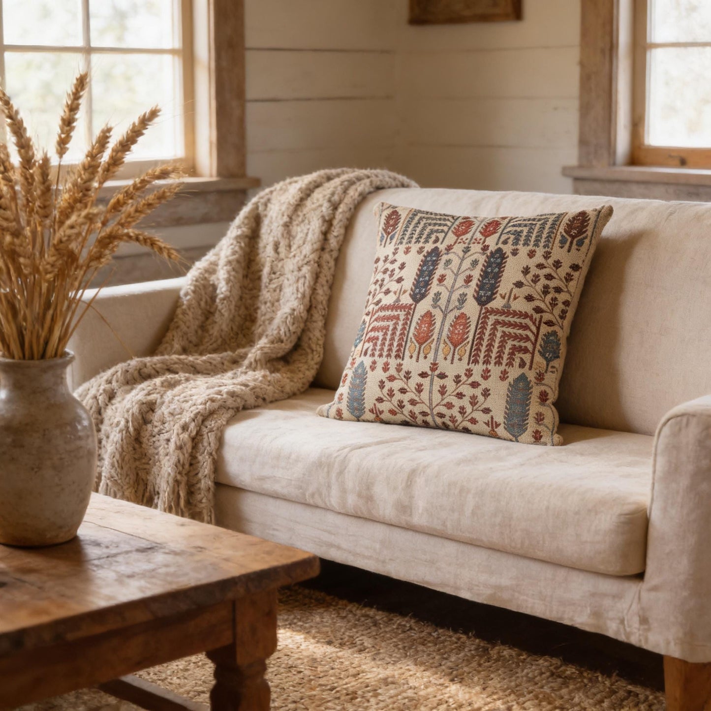 Rustic Cabin throw pillow with woven pattern styled on a sofa or bed