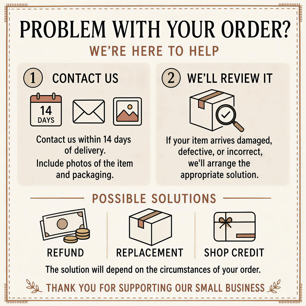 The image is a visual guide for customers to contact a business for assistance with their orders. It includes icons and text to help customers navigate the process of resolving their order-related issues.