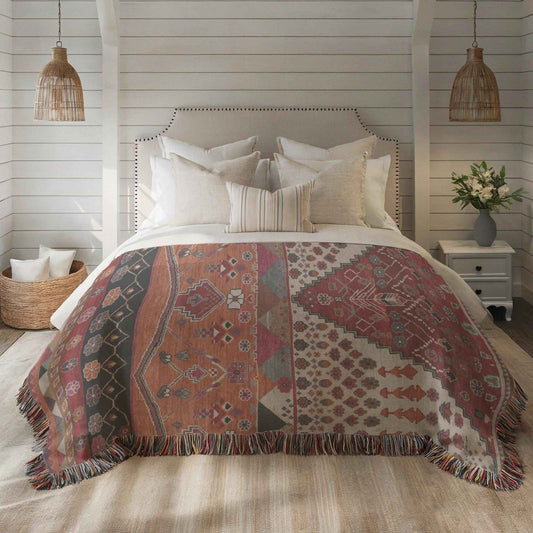 Southwestern woven blanket with geometric pattern styled for layered home decor