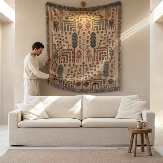 Caucasian Rug Inspired woven wall tapestry with geometric pattern styled as textile wall decor