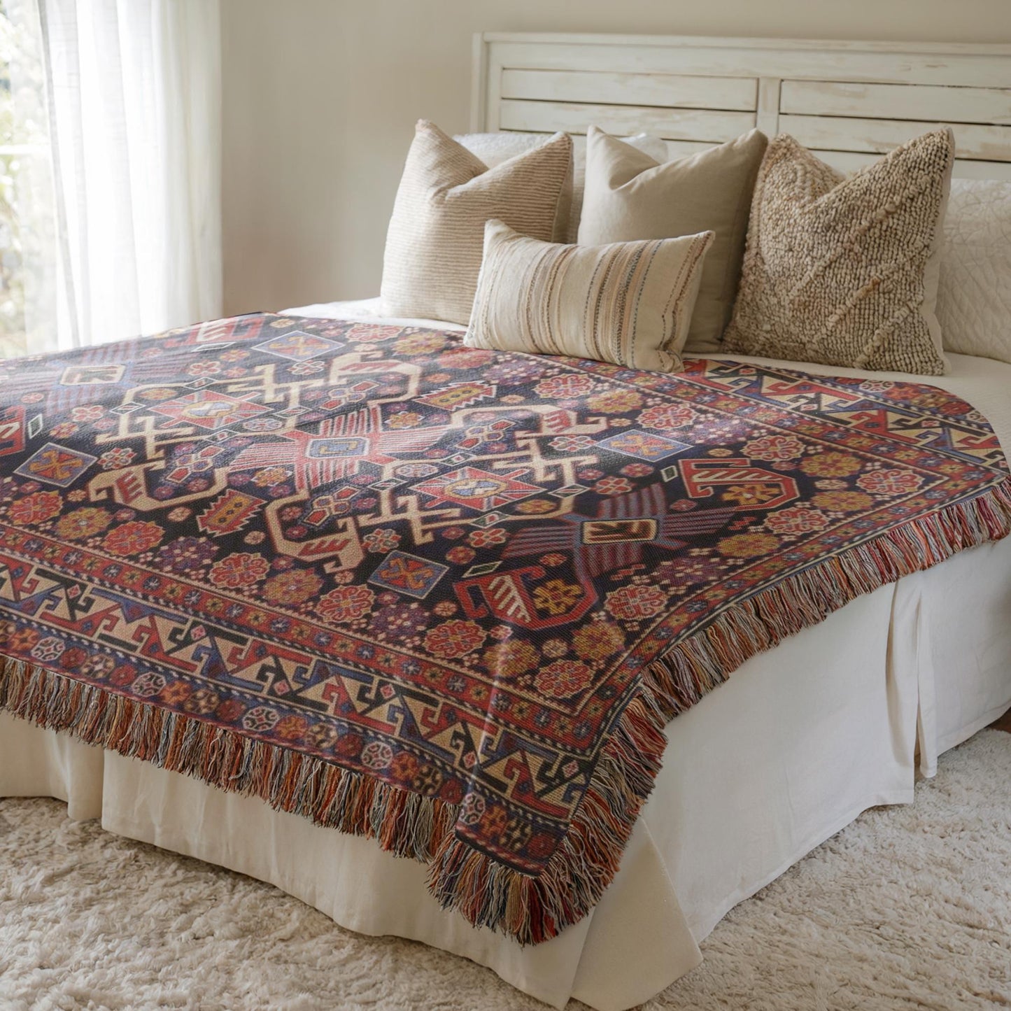 Anatolian Inspired woven blanket with rug-style pattern styled for layered home decor