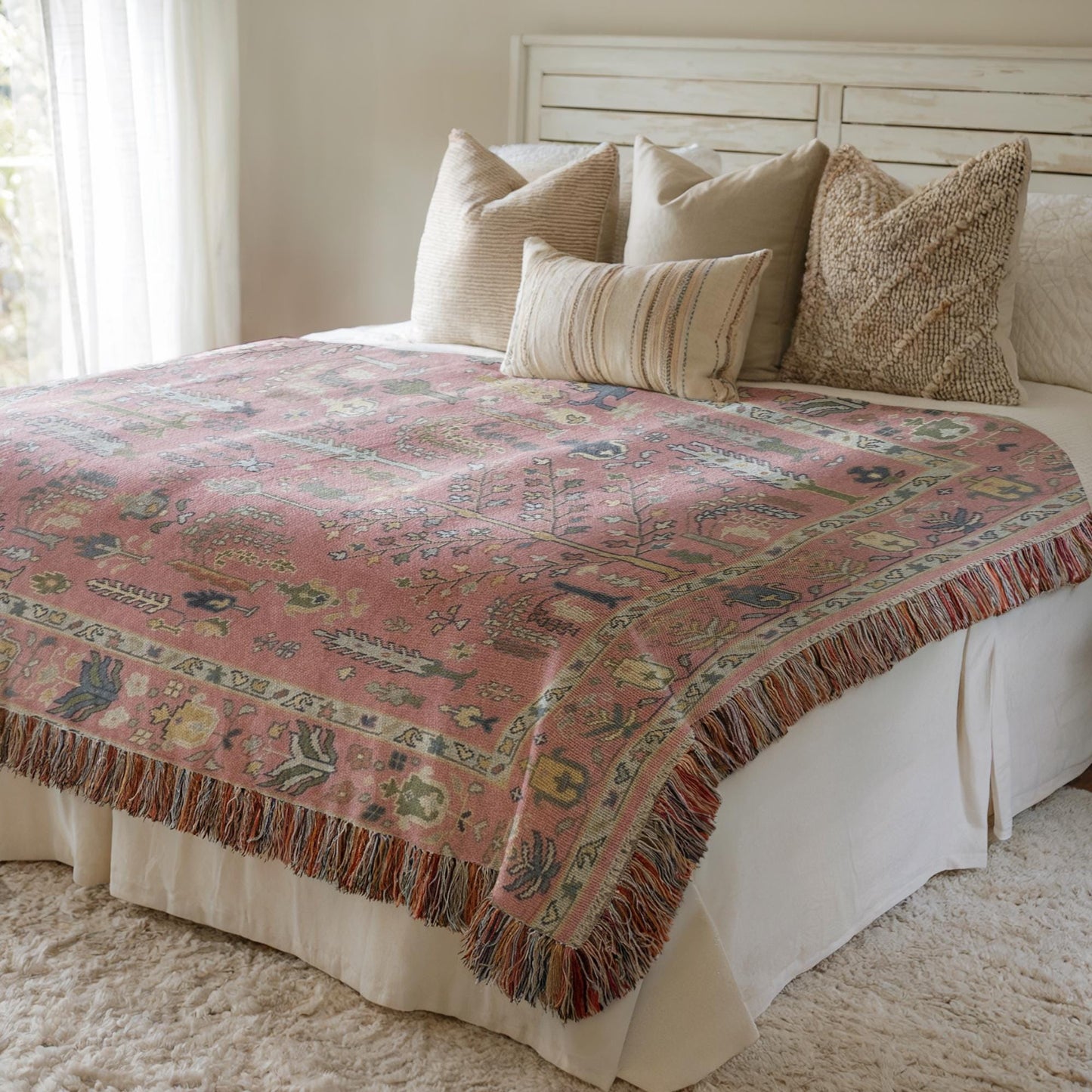Anatolian Inspired woven blanket with rug-style pattern styled for layered home decor