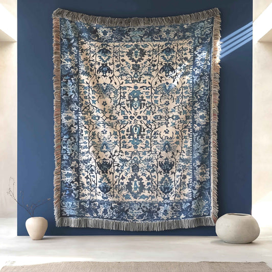 Anatolian Inspired woven blanket with rug-style pattern styled for layered home decor