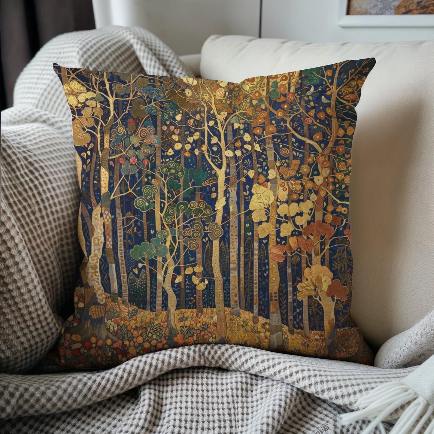Scandinavian Inspired pillow cover with woven pattern styled on a sofa or bed