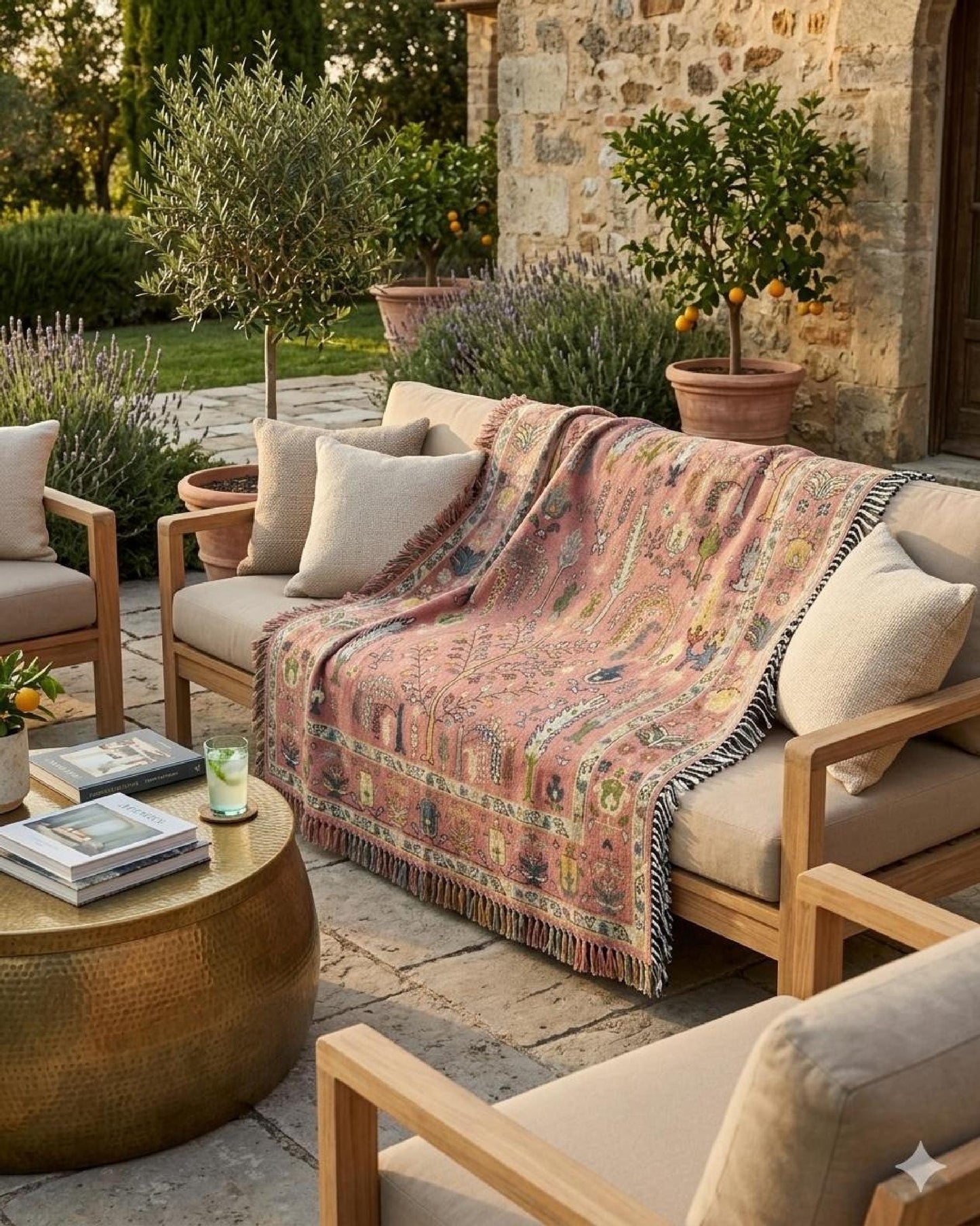 Anatolian Inspired outdoor woven throw blanket with rug-style pattern for patio styling