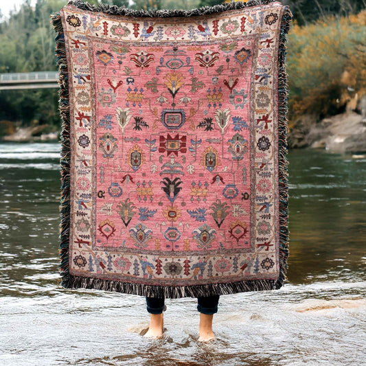 Anatolian Inspired outdoor woven throw blanket with rug-style pattern for patio styling