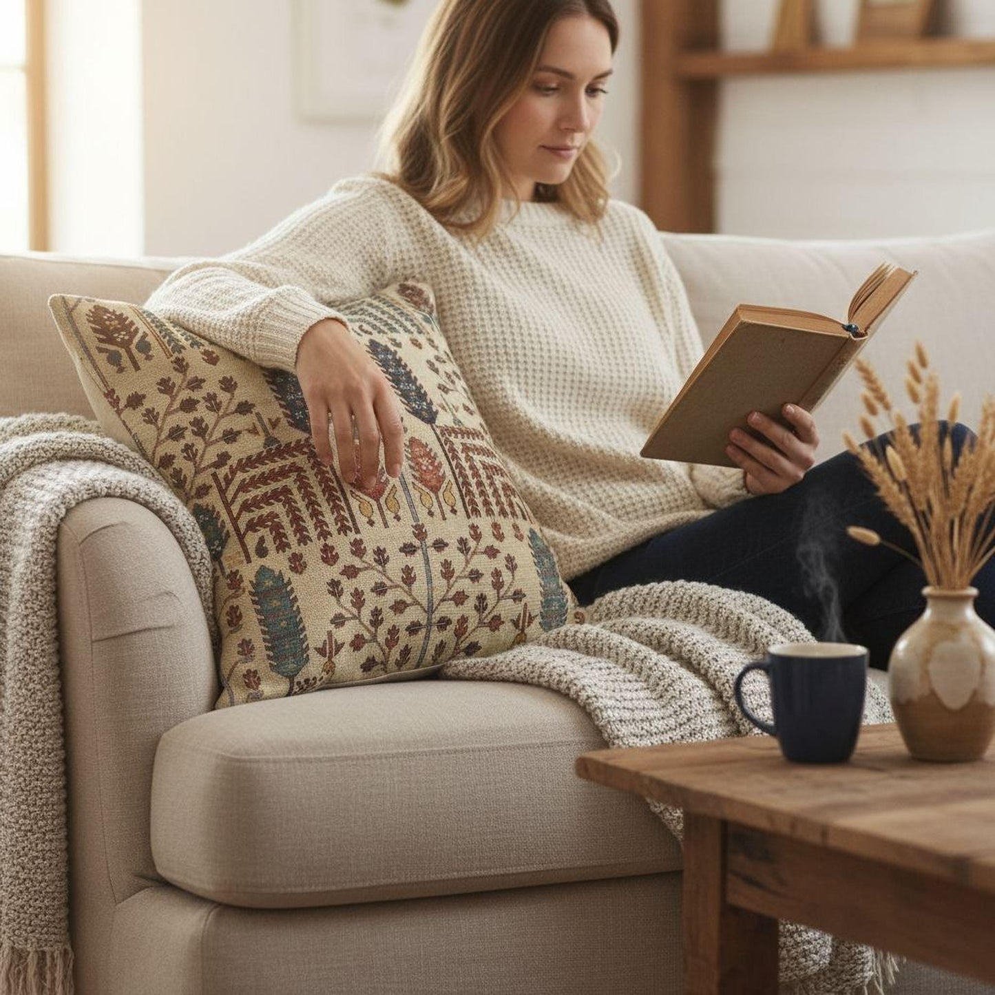 Rustic Cabin throw pillow with woven pattern styled on a sofa or bed