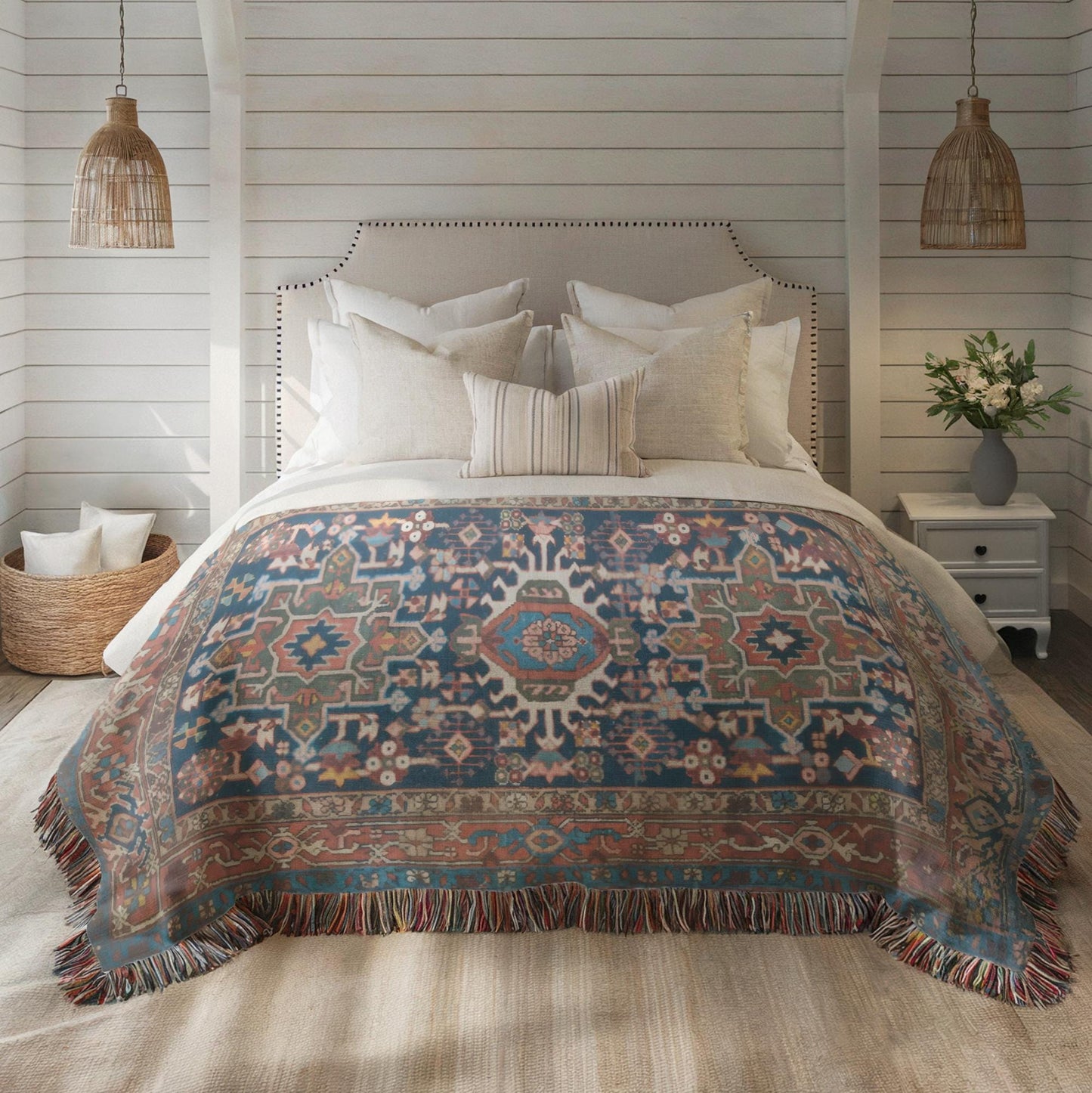 Anatolian Inspired woven blanket with rug-style pattern styled for layered home decor