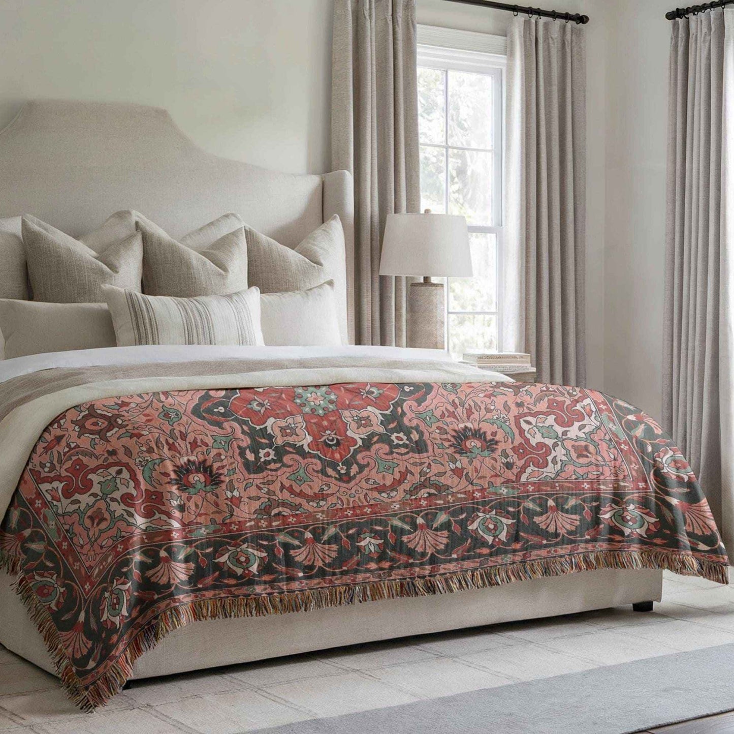 Anatolian Inspired woven blanket with rug-style pattern styled for layered home decor
