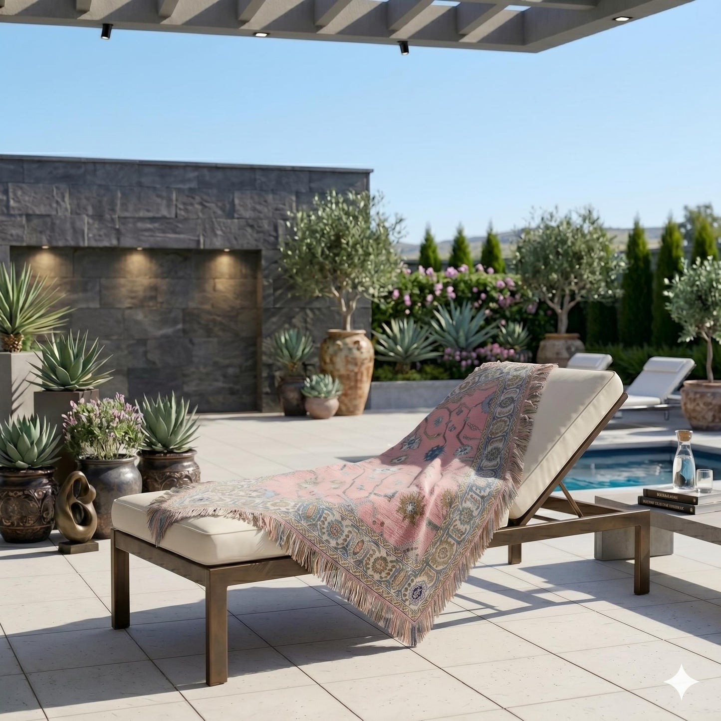 Anatolian Inspired outdoor woven throw blanket with rug-style pattern for patio styling