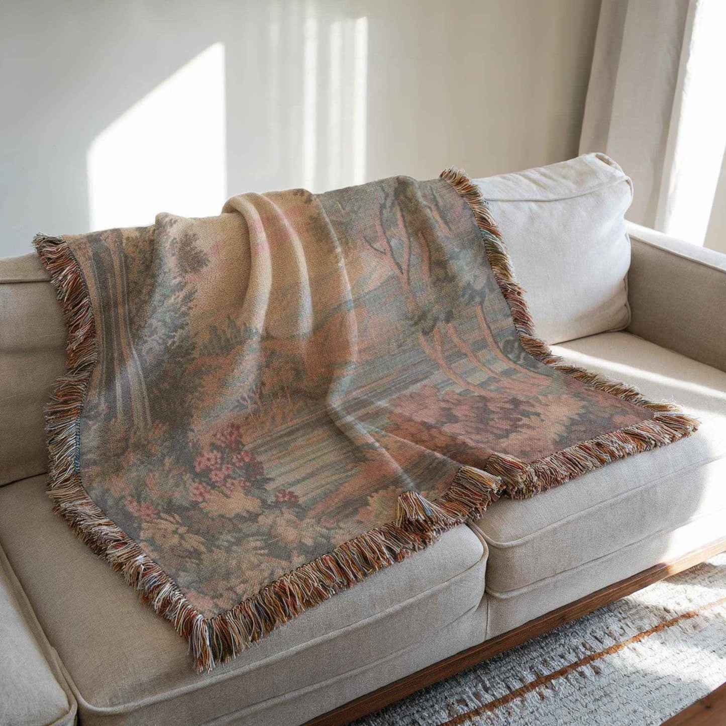 Modern Geometric woven blanket with geometric pattern styled for layered home decor
