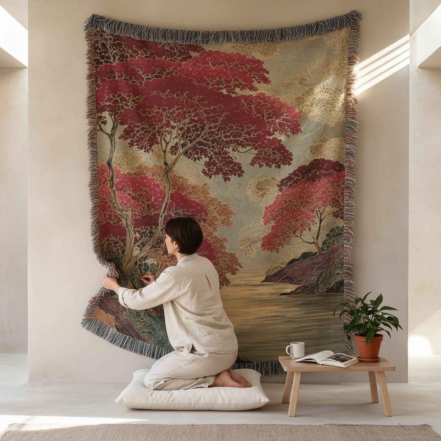 Scandinavian Inspired woven wall tapestry with rug-style pattern styled as textile wall decor