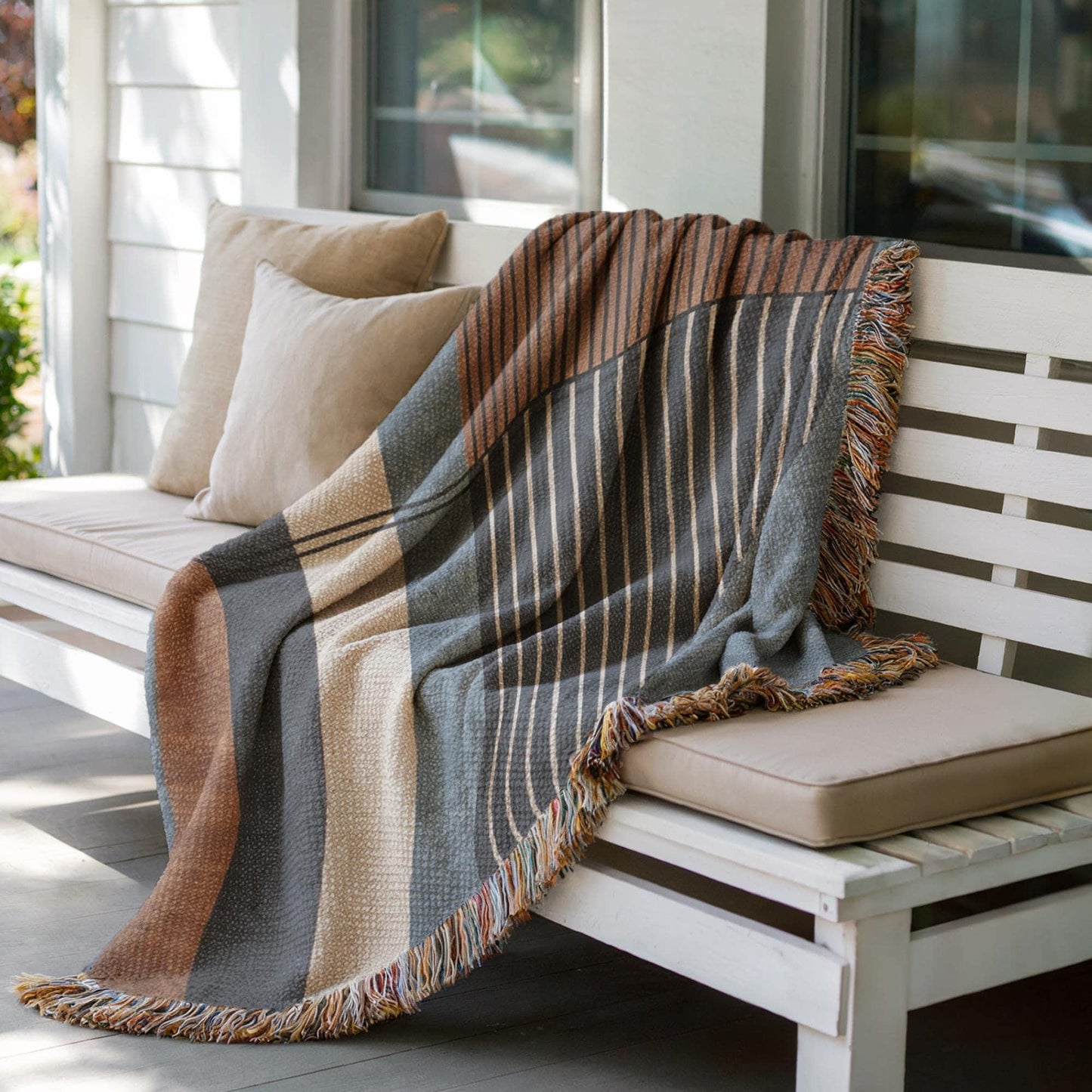 Modern Woven Blanket - Blue Rust Brown Cotton Throw With Colorful Fringed Edges