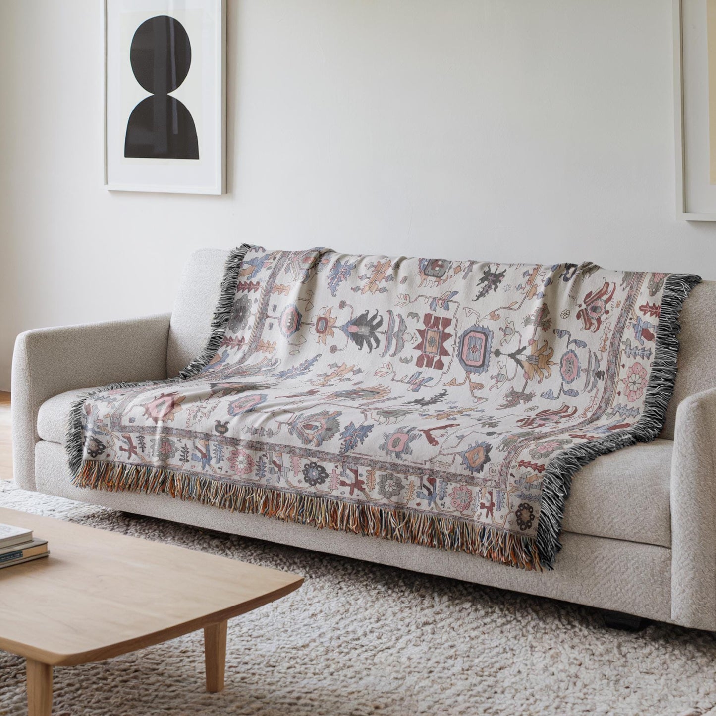 Anatolian Inspired woven blanket with rug-style pattern styled for layered home decor