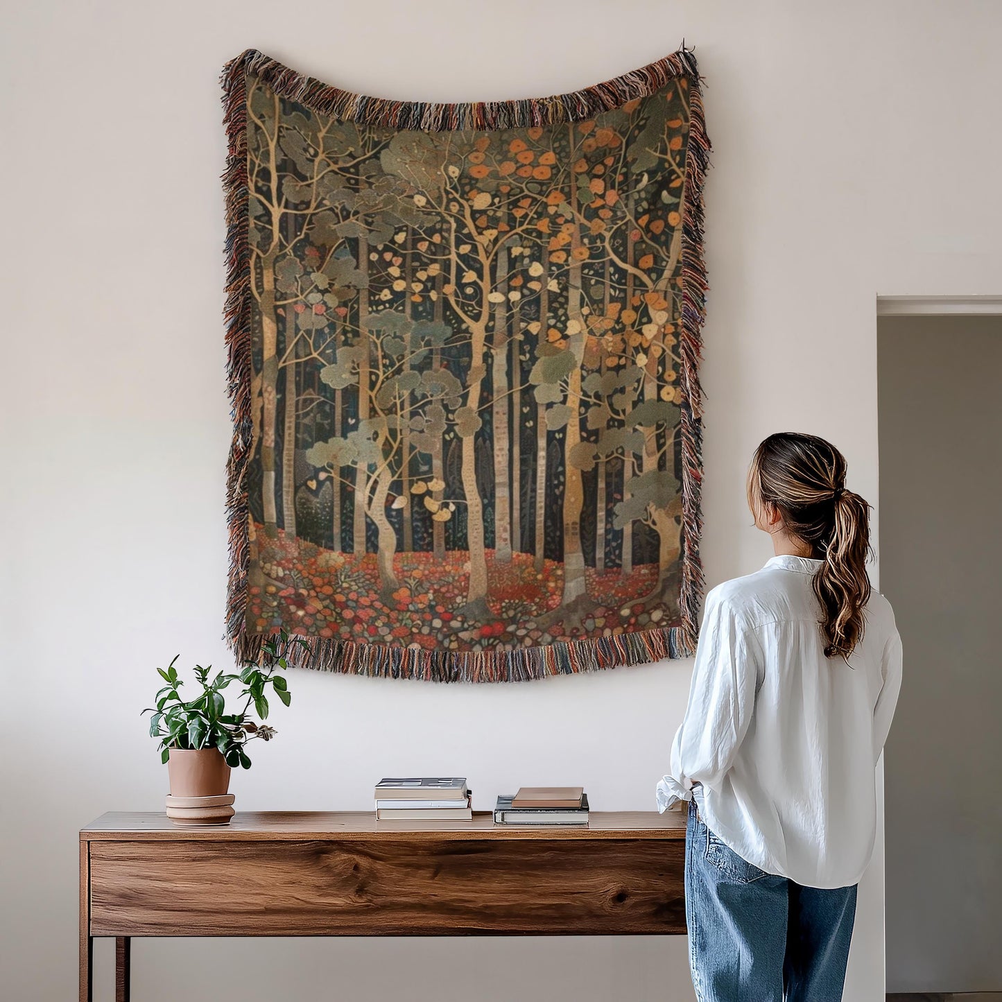 Scandinavian Inspired woven wall tapestry with rug-style pattern styled as textile wall decor