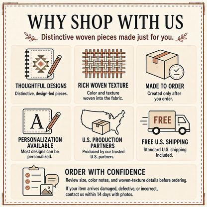 The image is a promotional poster for a company that sells unique, handcrafted woven pieces. It features various illustrations of the company's products, such as a notebook, a woven basket, and a woven box, along with text highlighting the company's commitment to providing a personalized shopping experience and free shipping.