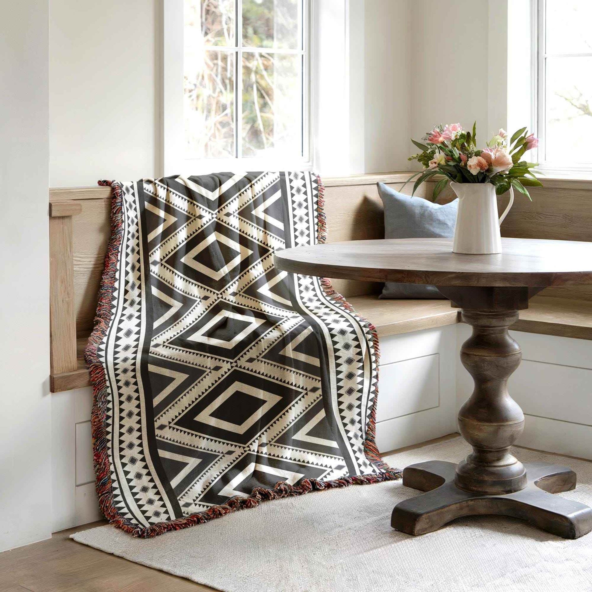 Boho Cotton Throw Blanket - Rustic Boho Throw With Tribal Pattern Decor & Fringed Edges - timelessbohochic.com