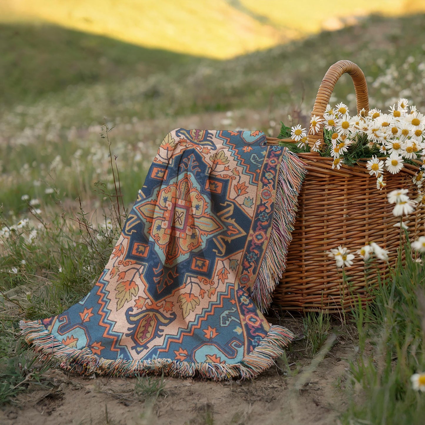Moroccan Inspired outdoor woven throw blanket with rug-style pattern for patio styling