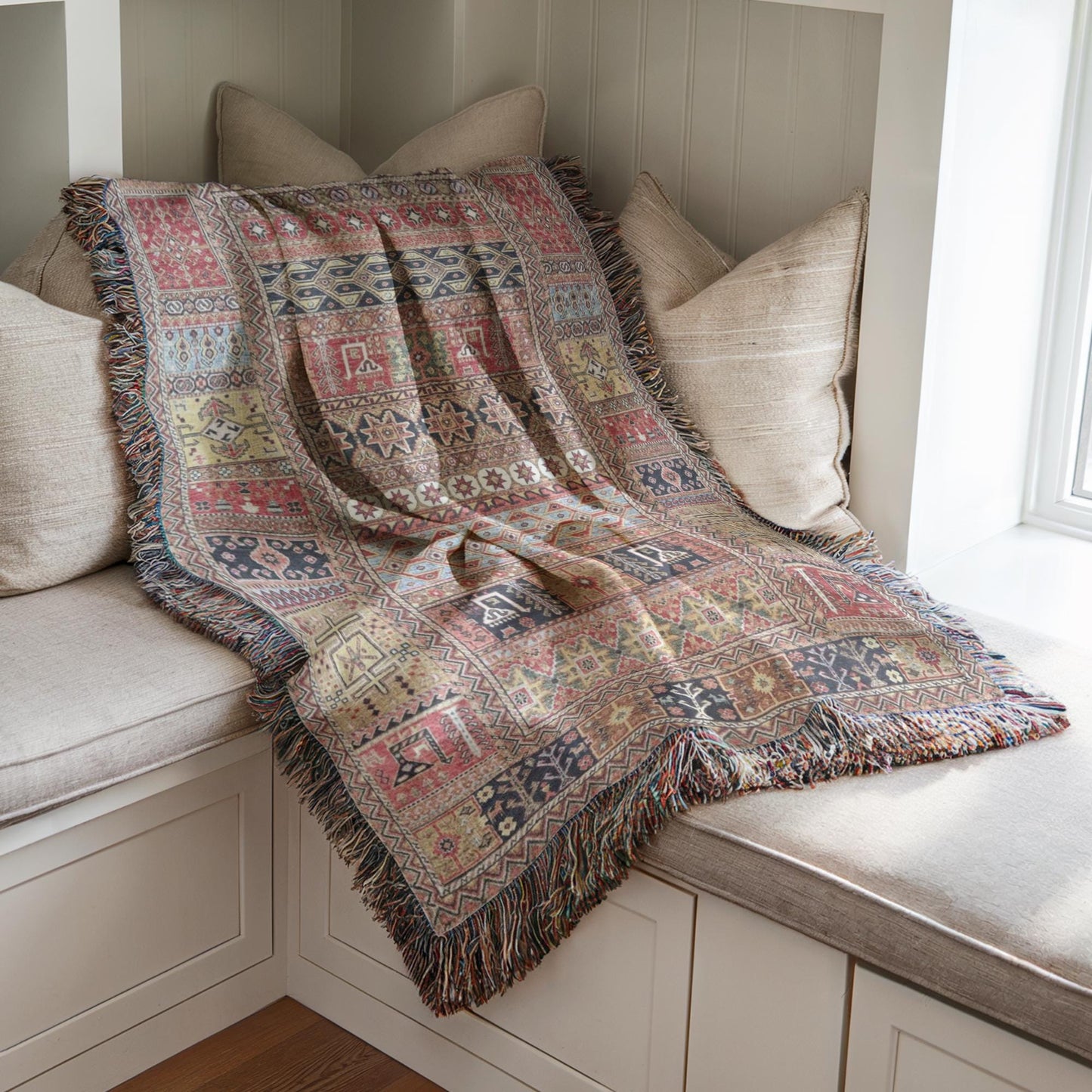 Caucasian Rug Inspired woven blanket with geometric pattern styled for layered home decor