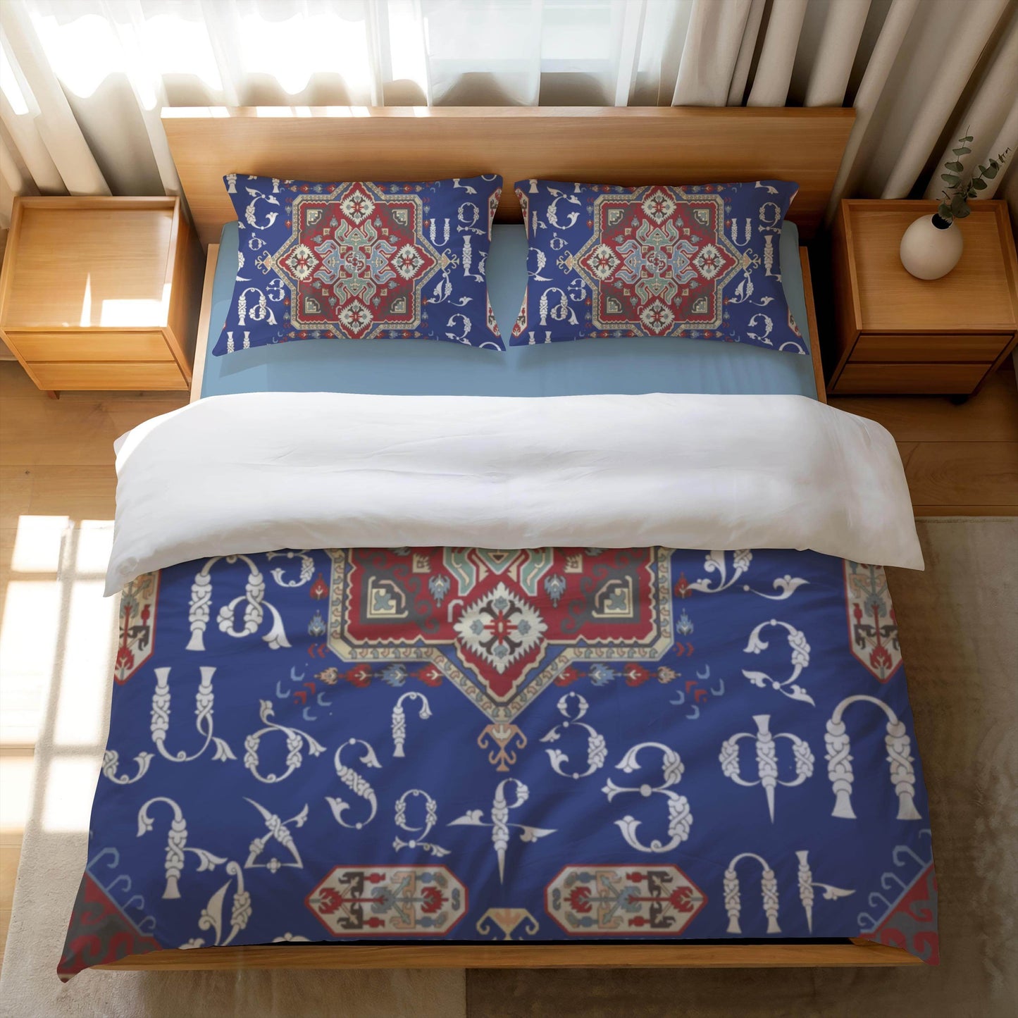 Armenian Alphabet Duvet - Personalized Ethnic Bedding Set with Haykakan Pattern & Custom Pillowcases - timelessbohochic.com