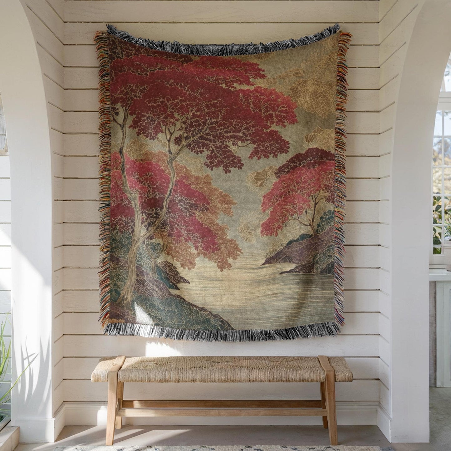 Scandinavian Inspired woven wall tapestry with rug-style pattern styled as textile wall decor