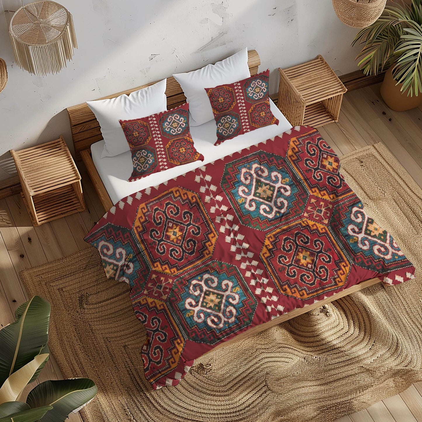 Caucasian Rug Duvet - Armenian Pattern Bedding Set | Soft Breathable 3 Piece Cover - timelessbohochic.com
