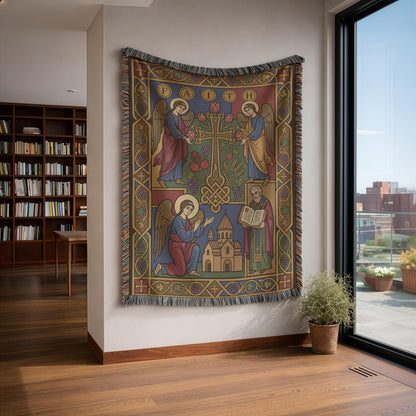 Armenian Christian wall tapestry in an entry niche near bookshelves, ornate iconographic figures, Orthodox Christian tapestry feel.
