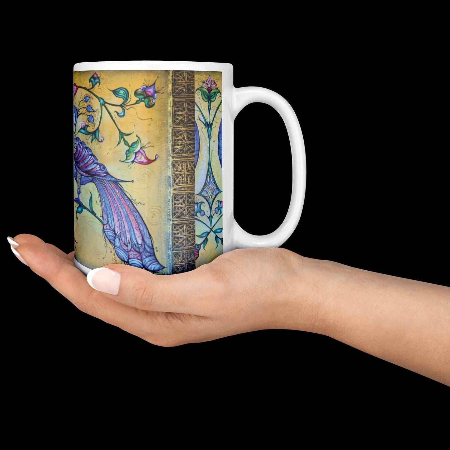Armenian Birds Mug - Handpainted Ceramic Cup 11oz with Gold Accent Featuring Blue Bird Art - timelessbohochic.com
